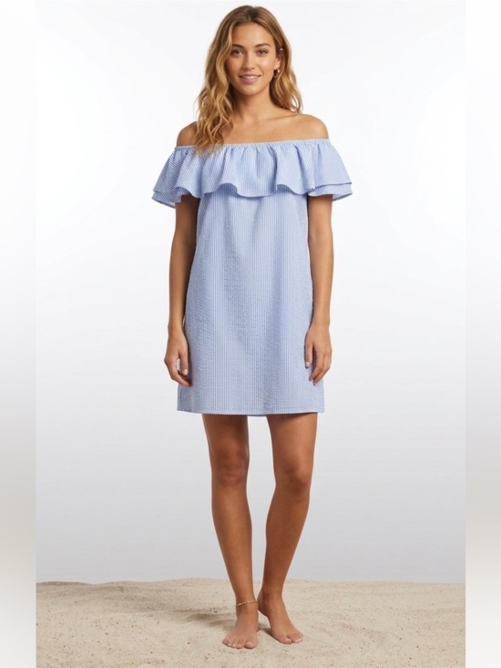 3/$30 Off-Shoulder Ruffle Blue & White Striped Nautical Mini Dress